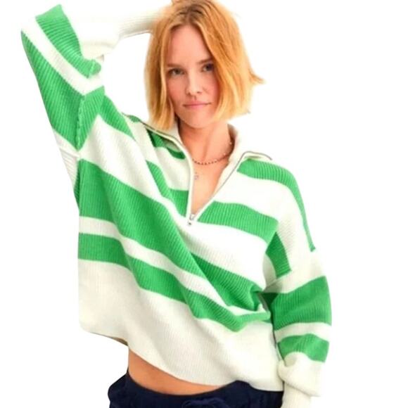 aerie Sweaters - Aerie S Womens Oversized Beyond Quarter Zip Sweater Polo Green Stripe Acadamia